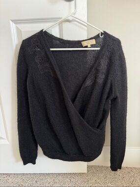 Sezane Timothee Reversible Wrap Lace Appliqué Sweater Mohair Black